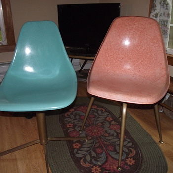 Two Plastic (Fiberglass?) 50's chairs--Pink and Blue