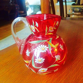 Harrach Cranberry Enamelled Applied Handle Small Pitcher Vase - Art Glass