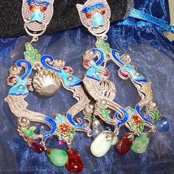 Gorgeous Chinese? Japanese Dragon  Koi Dangling Silver Enameled Earrings with Gems