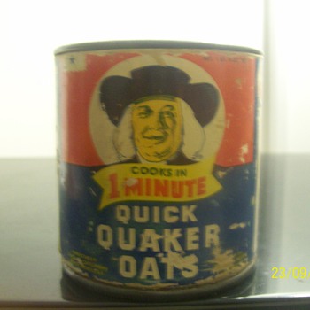 vintage quick quaker and mother oats tin can coin bank - Coin Operated