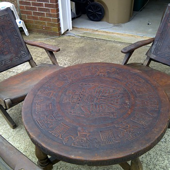 Incan Gods hand carved leather table with folding chairs.