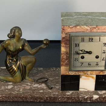 Fritz Marti Movement French Marble Art Deco Figural 8 Day Clock , 1920-25