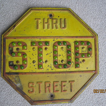 Late 1930's to 1940's Antique Steel Cats Eye Glass Marble Stop Thru Street Sign
