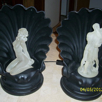 A Pair of Nude Table Lamps Rotating Figures Change Colors Black Shell