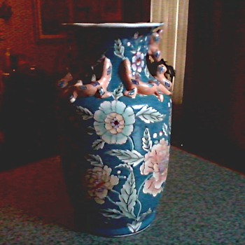 Macau 14 " Salamander Vase /Floral Design with Applied Figures/ Circa 1960-70 - Asian
