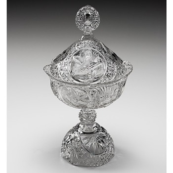 Antique Pressed Glass Covered Standing Bowl with Bird Etchings - Glassware