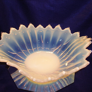 Large 11" White Opaque, Translucent, Iridescent, Irregular shaped art glass bowl - Art Glass