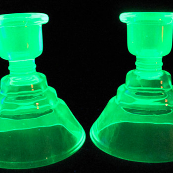 Pair of Vaseline Uranium Candlesticks - Glassware