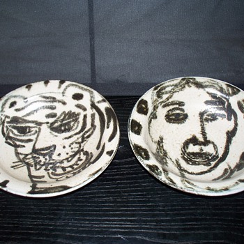 Art Pottery Hand Painted Bowl Pair Picasso-ish - Art Pottery