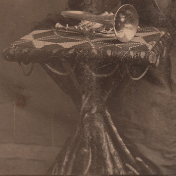 Twig Table Crazy Quilt Bugle and Woman Photograph