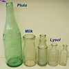Five Glass Bottles:   Pluto Water,  Lysol,  Milk, + Two Unknowns
