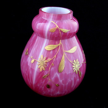 Harrach Pink Splatter Hand Painted Cased Glass Vase - Art Glass