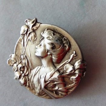 Art Nouveau Rolled Gold?) French Lady with Irises Brooch by E.DROPSY - Fine Jewelry