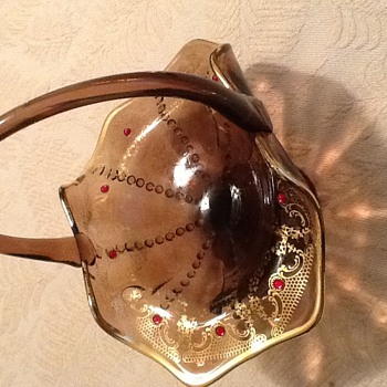 Glass handled basket painted gold interior with red stones