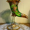 Boheimian?? Green and Gold Cornucopia Vase on tall Stem