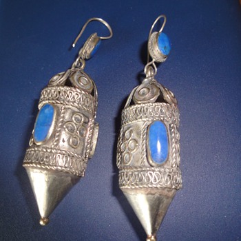 Antique ethnic Afganistan silver earrings inlaid Lapis Lazuli - Fine Jewelry