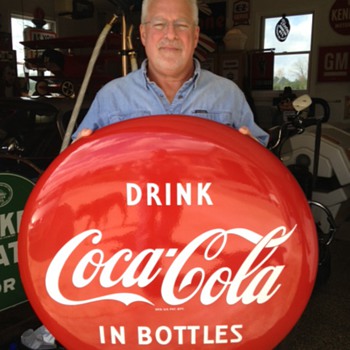 Coca-Cola Porcelain 36" Disc (Button) Sign...Drink Coca-Cola In Bottles...Excellent Condition...1950's - Coca-Cola