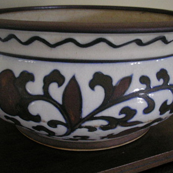 Chinese  Ceramic Bowl  underglazed Blue - ( jade green color splotches )    Iron  red  copper  colored oxide painted over blue 