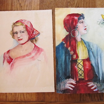 Palmer signed Watercolors of Beautiful Women Spanish Bird - Folk Art