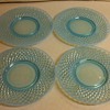 STUNNING SET OF 4 BLUE OPALESCENT HOBNAIL PLATES [NEVER USED]