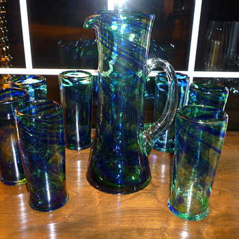 Antique Art Glass Pitcher and Glasses  - Art Glass