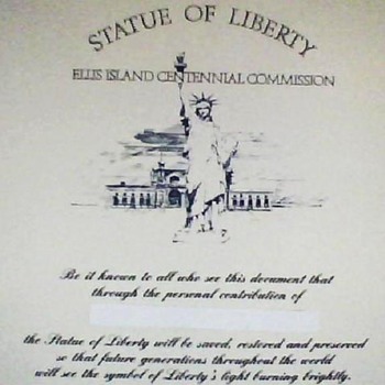 Statue of Liberty - Ellis Island Centennial Commission Certificate - Paper