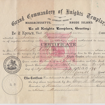 Knight Templars Certicate from 1892