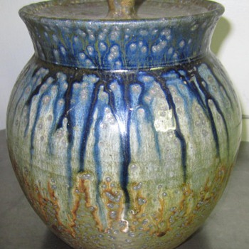 early stoneware pottery lidded jar 
