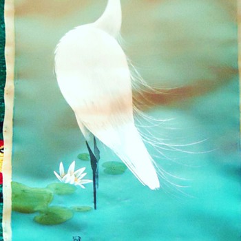 Japanese scroll silk painting with crane