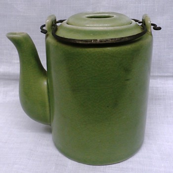 Green Pottery 5" teapot w Wire Bail and 2 Holed Lid????Origin?