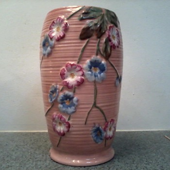 Coral Pink Raised Floral Design Vase / Marked 89  L 284 c /Unknown Maker / Circa early 1900's - Art Pottery
