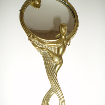 Antique/Vintage Heavy Bronze Gold Handheld Vanity Mirror Nude Woman Sculpture