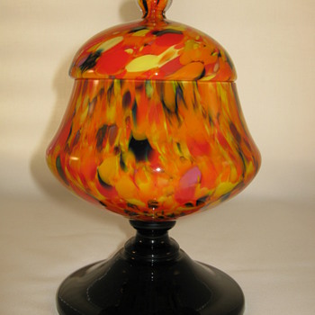 Czechoslovakia Lidded Container applied amethyst base Ruckl decor is Pierrot - Art Glass