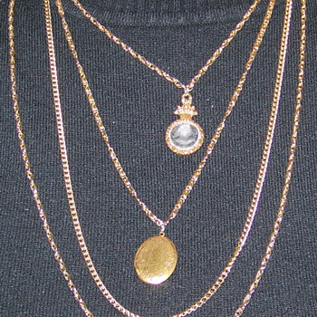 Beautiful 4 strand necklace, 1strand has clear glass cameo, 1 has locket, by Gobelle? - Fine Jewelry