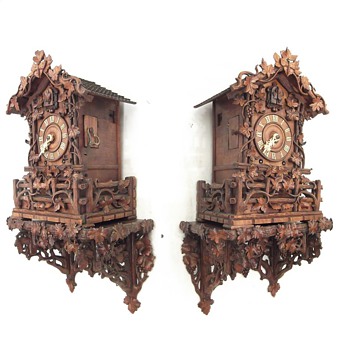 Johann Baptiste Beha, 1875, heavy carved, 8-day, twin fusee, mantle cuckoo clock. (with wall bracket) - Clocks