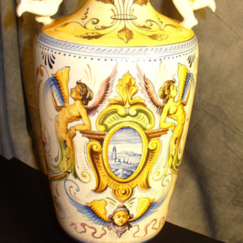 "Societa Ceramica de Colonnata" 16" raffaellesco cherub handled vase