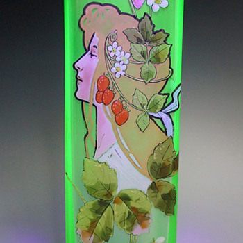 1900s Karl Pohl (Novy Bor) Art Nouveau Uranium Art Glass Vase w/ Hand-enameled Mucha-type Maiden - Art Nouveau