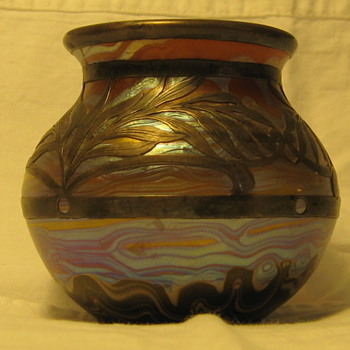 Signed "Alvin 892/358" Silver Overlay Mini Vase - Art Glass