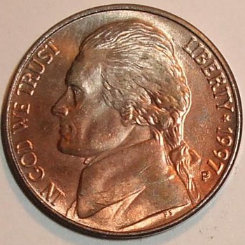us error coin sale,1997-p Improper Annealing jefferson nickel error shiney red copper look