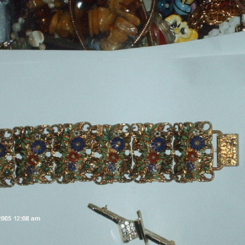 Antique Enamel and Green Stones Bracelet - Costume Jewelry