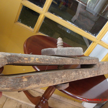 Hand made, primitive farm tong tool with wooden screw and cut nails
