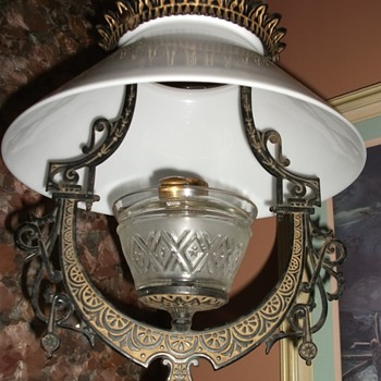 1870's Lomax Eastlake cast iron hanging oil lamp - Lamps