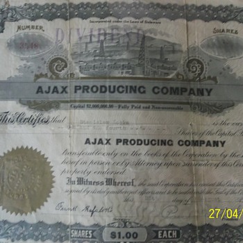 1919 share in Ajax Producing Company. - US Paper Money