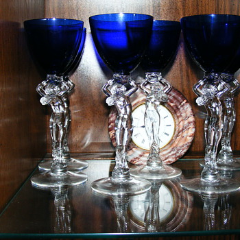 6 Wine Glasses, Cambridge #3011 1930's Statuesque Nude-Royal Blue Cobalt - Art Glass