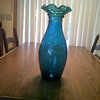 18" crackle glass vase, shapphire blue, fluted top and green snake