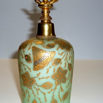 Hand Painted Atomizer - Green cased glass with heavy gold enamel - Bottles