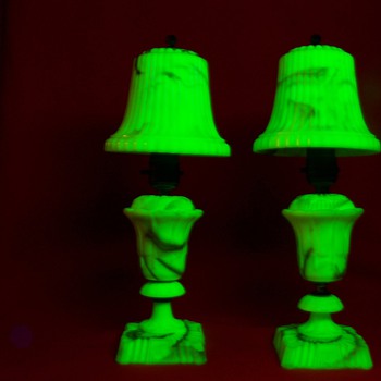 Pair of Uranium Glass Akro Agate Lamps with Akro Shades