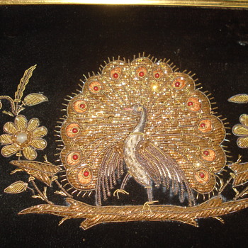 Embroidery peacock, gold silver and glass over black velvet - Animals