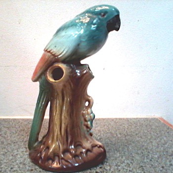 Cute Little Blue Parrot Spill -Bud Vase or Flower Frog / Czech Pottery with Dime Mark / Circa 1930's - Art Pottery