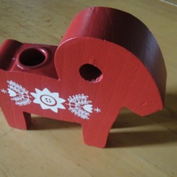 Unknown Red  Wood Horse Candle stick holder with Pattern - Folk Art
